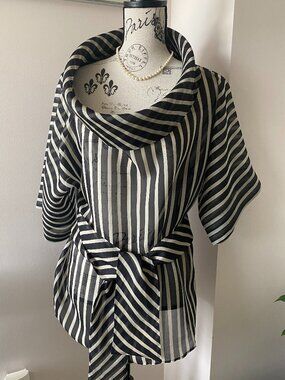 Black & White Striped MaxMara Sheer Blouse With Cowl Neck